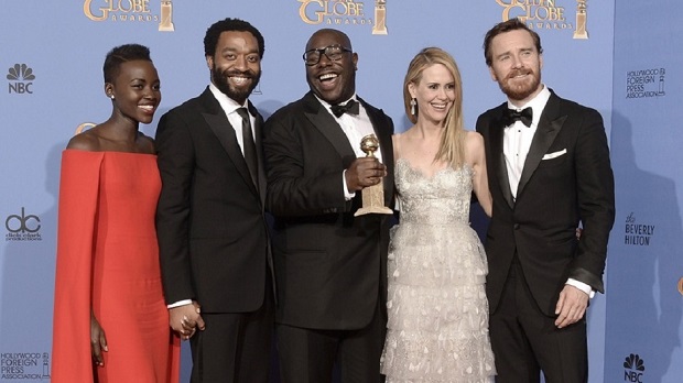 Filmmaker Steven Harris with the cast of "12 Years A Slave" at the Golden Globes